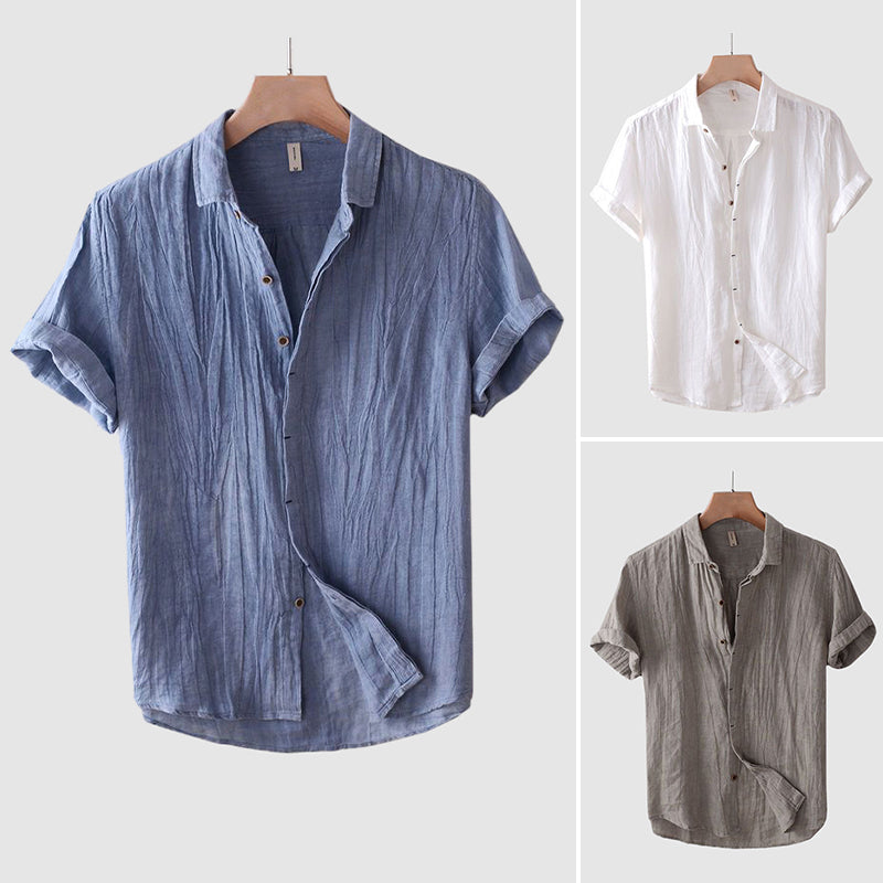 Collage of blue, white, and gray men's summer linen button front short sleeve shirts