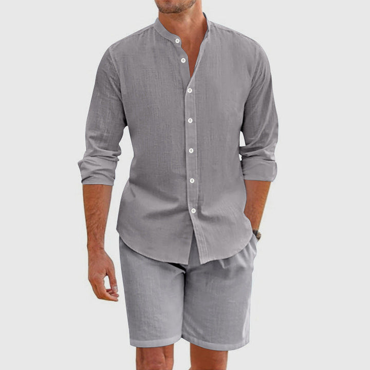 Gray linen shirt and shorts set for men with mandarin collar and three-quarter sleeves