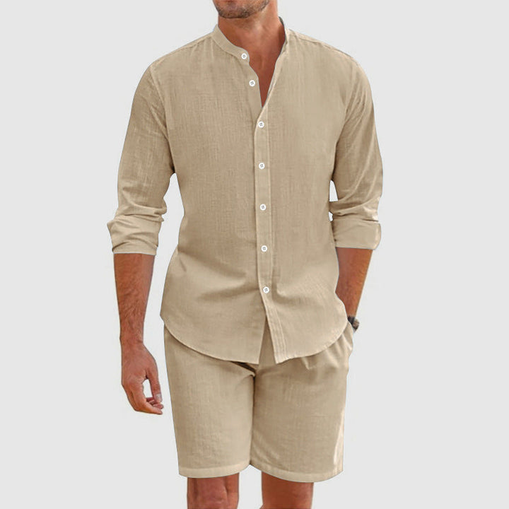 Beige men's linen button up shirt shorts set with long sleeves and casual summer style
