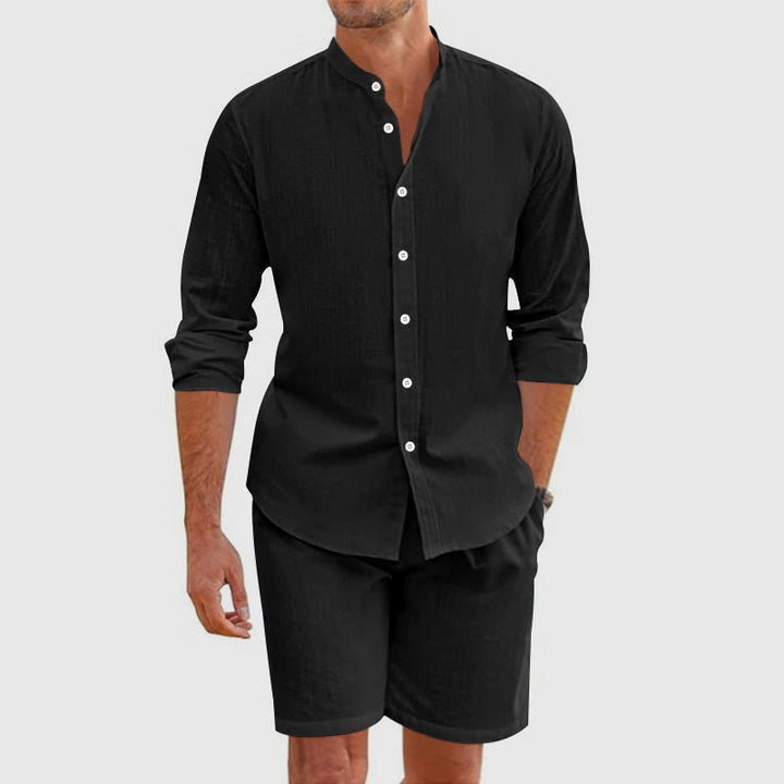 Black men's summer linen shirt and shorts set with button front and lightweight casual look