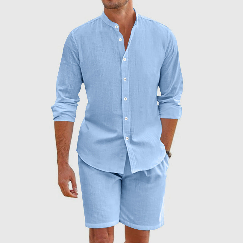 Light blue men's linen button up shirt shorts set with rolled sleeves and breathable fabric