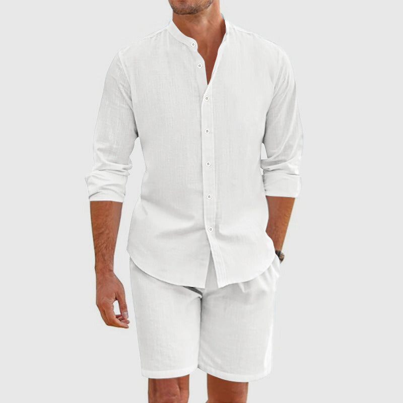White men's summer linen button up shirt shorts set with rolled sleeves and relaxed fit