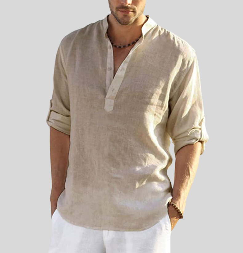 Beige men's linen Henley long sleeve shirt with rolled cuffs and relaxed summer fit