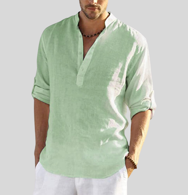 Mint green men's linen Henley long sleeve shirt with open collar and casual fit