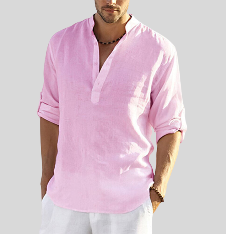 Pink men's summer linen Henley shirt with rolled sleeves and soft lightweight texture