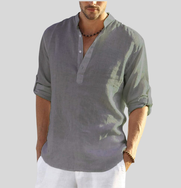 Gray men's linen Henley long sleeve shirt with rolled cuffs and relaxed casual silhouette