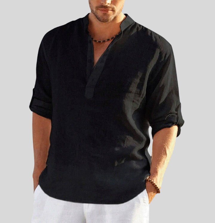 Black men's summer linen Henley long sleeve shirt with rolled sleeves and V-neck placket