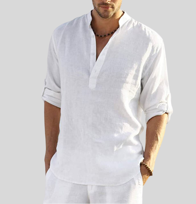 White men's summer linen Henley long sleeve shirt with rolled sleeves and V-neck placket