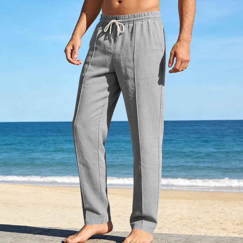 Gray straight leg linen pants for men with elastic waist and casual slacks style