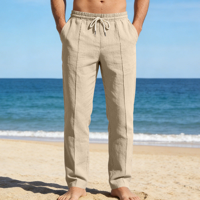 Beige men's summer linen pants with straight leg design and adjustable drawstring
