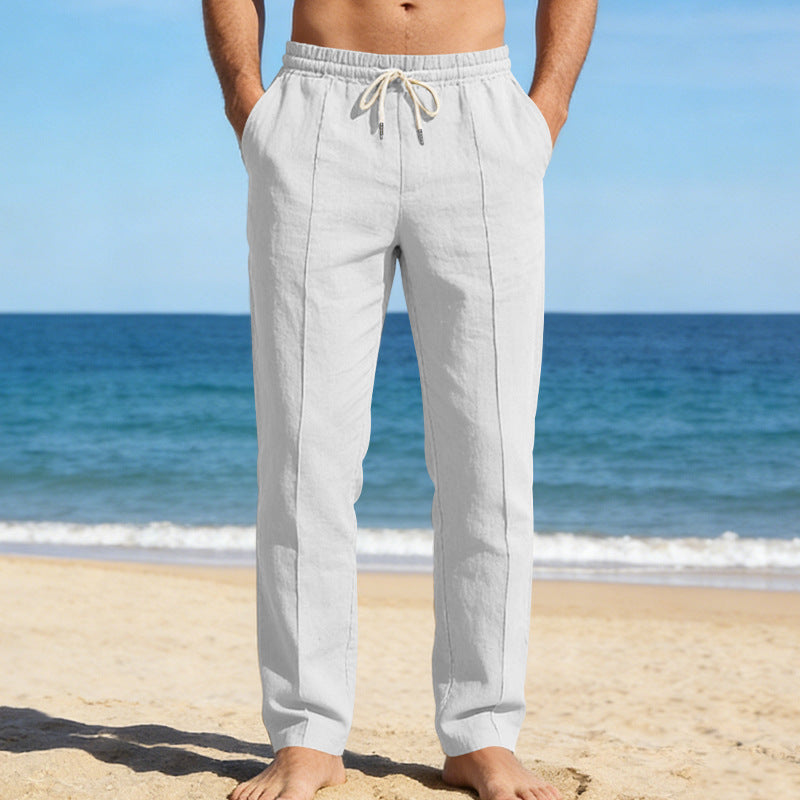 White casual men's linen pants with straight leg slacks fit and beachwear look