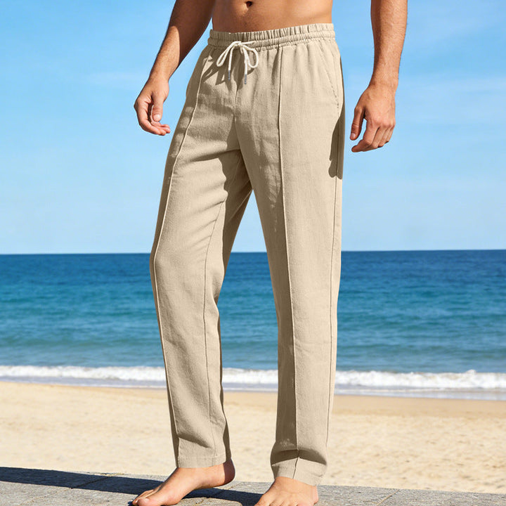 Khaki men's casual linen pants with straight leg fit and lightweight summer style