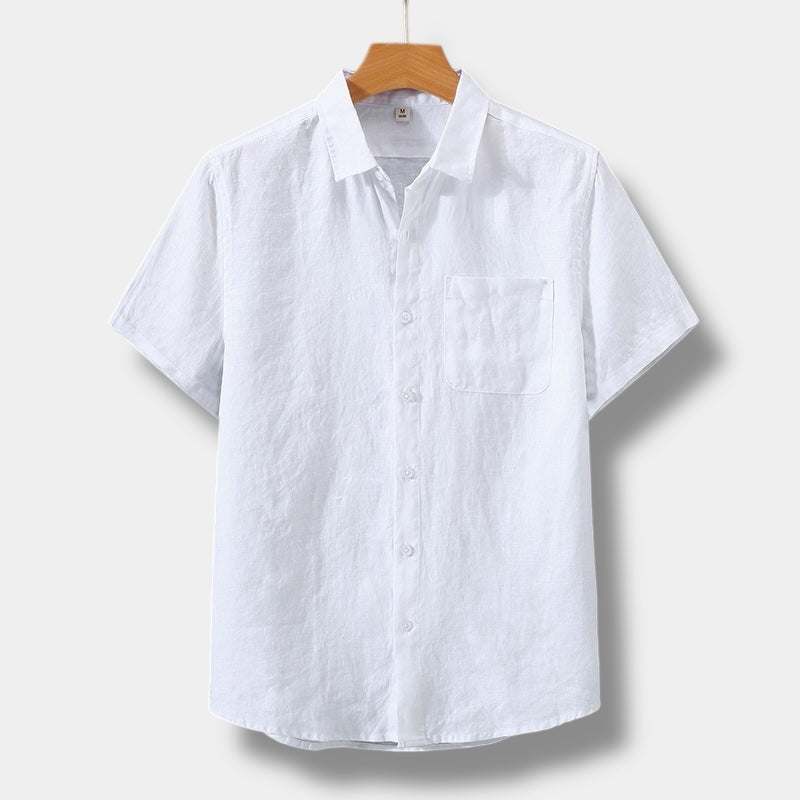 White linen short sleeve button up shirt for men with front pocket and lightweight summer fit