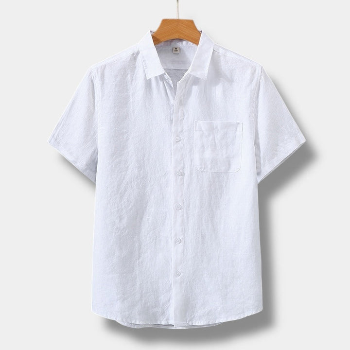 White linen short sleeve button up shirt for men with front pocket and lightweight summer fit