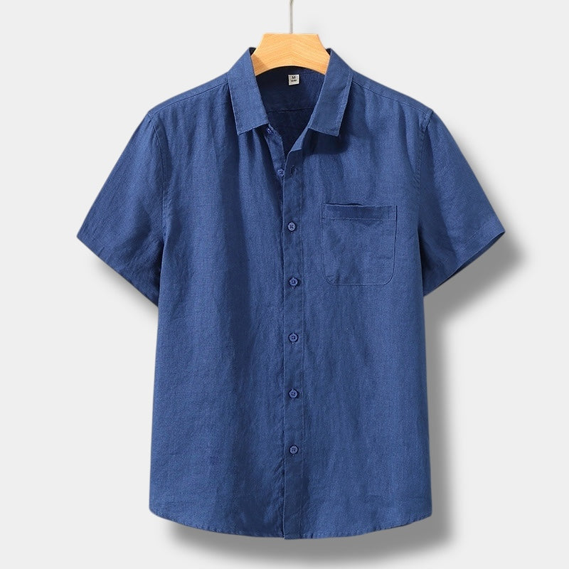 Blue short sleeve button up linen shirt for men with chest pocket and casual summer style