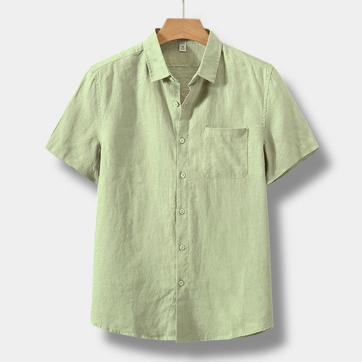 Light green short sleeve linen shirt for men with button front and chest pocket