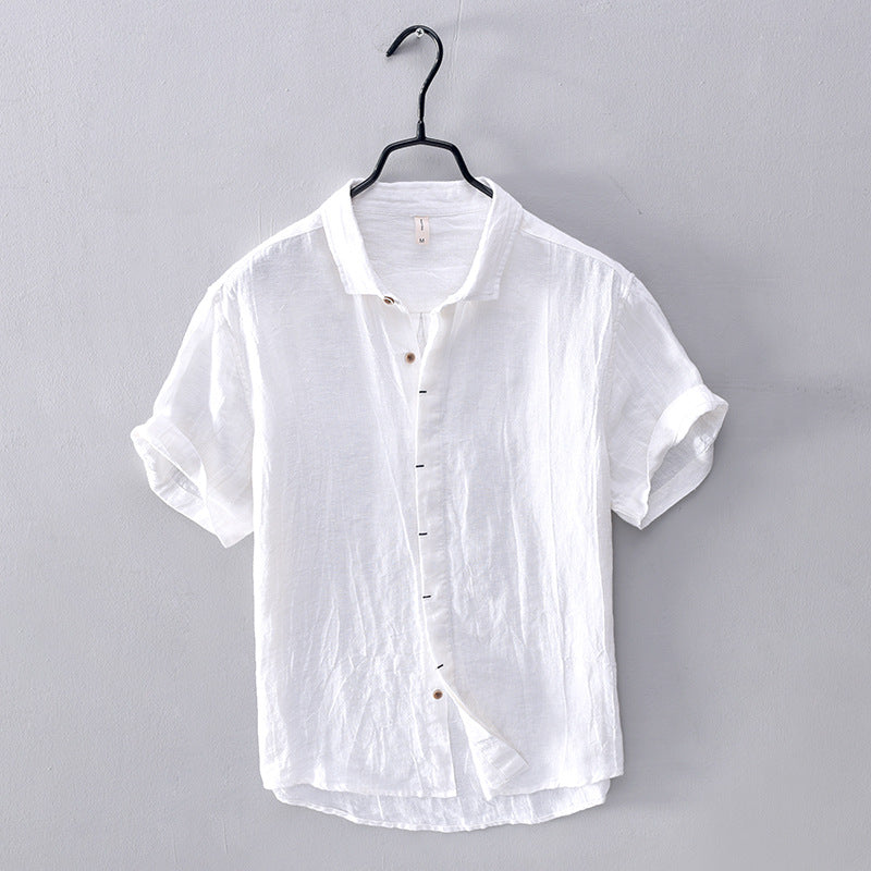 White men's linen short sleeve shirt with button front and casual summer style