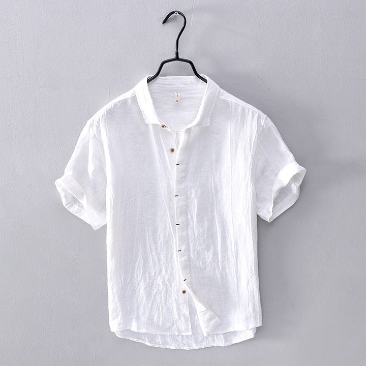 White men's linen short sleeve shirt with button front and casual summer style