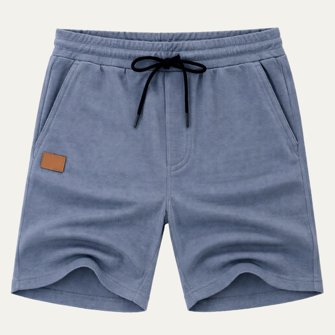 Blue men's summer linen shorts with drawstring, front view, side pockets and textured fabric