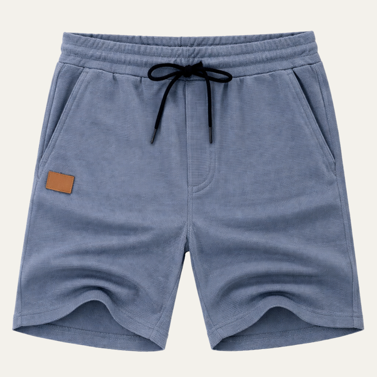 Blue men's summer linen shorts with drawstring, front view, side pockets and textured fabric