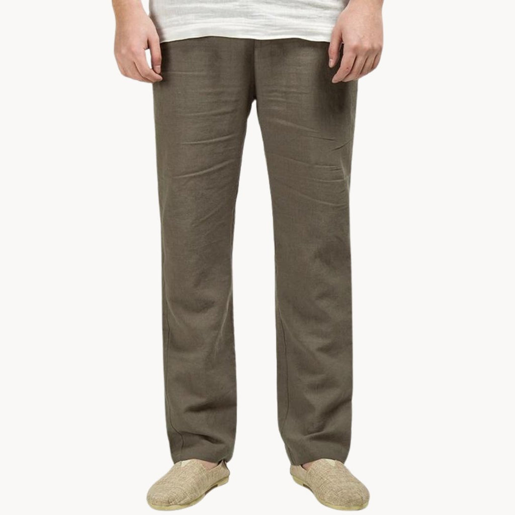 Olive green men's summer linen straight leg pants with loose fit and natural texture