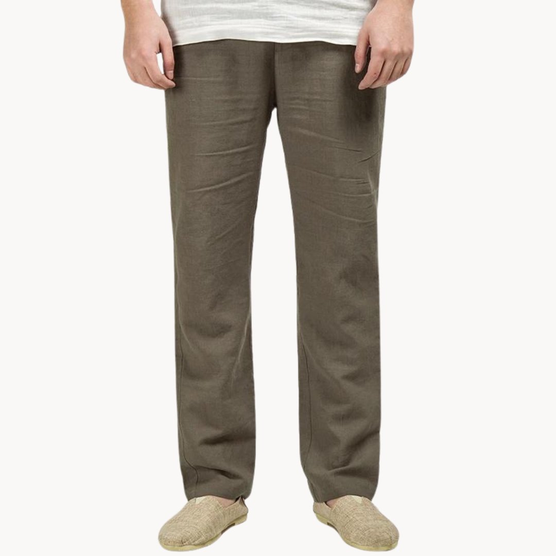 Olive green men's summer linen straight leg pants with loose fit and natural texture