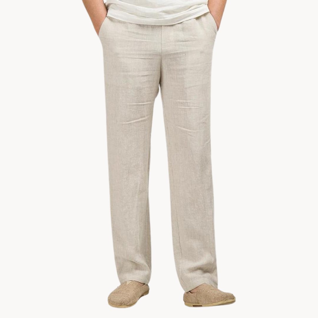 Front view of light beige linen pants for men with straight leg fit and soft fabric texture
