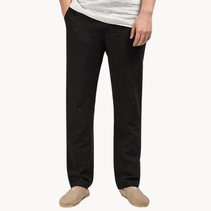 Black summer linen pants for men with straight leg cut and simple casual styling