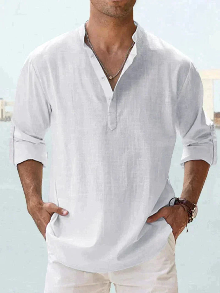 White men's linen V neck long sleeve shirt with rolled sleeves and clean summer style