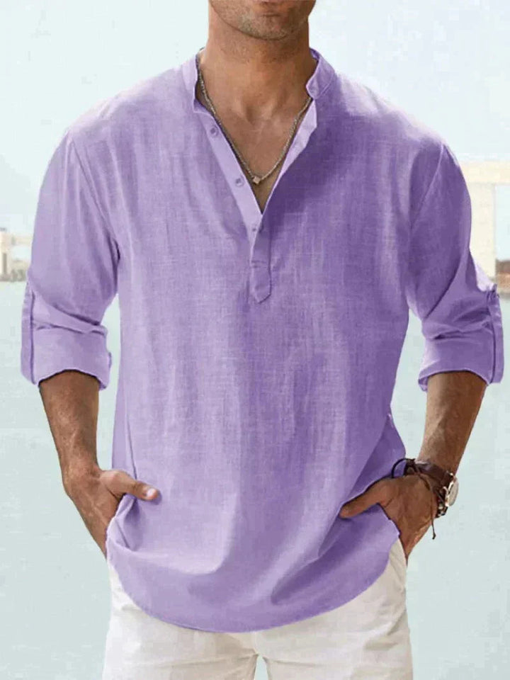 Lavender men's linen V neck long sleeve shirt with rolled cuffs and relaxed fit