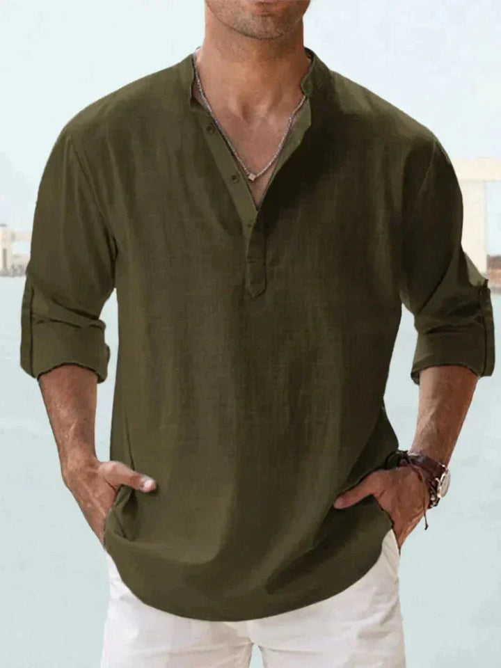 Olive green men's summer linen V neck long sleeve shirt with rolled sleeves