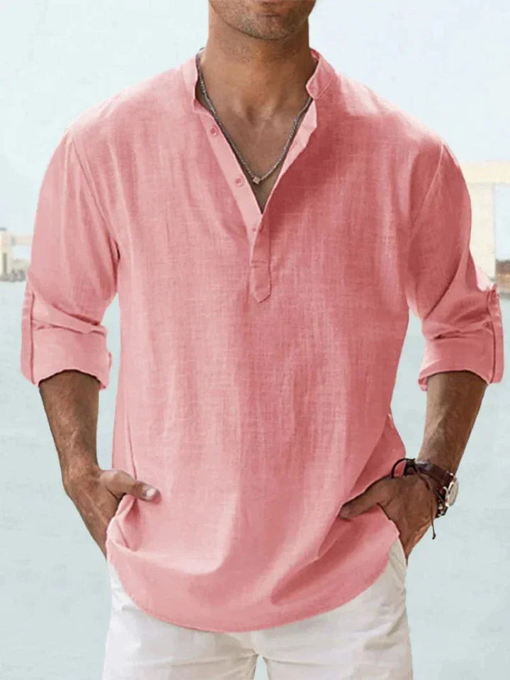 Light pink men's summer linen shirt with V neck, long sleeves, and button placket
