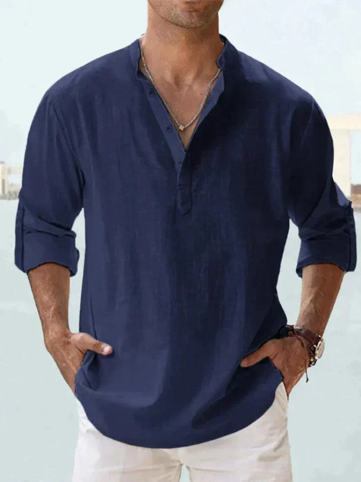 Navy blue men's summer linen shirt with V neck, long sleeves, and relaxed casual fit