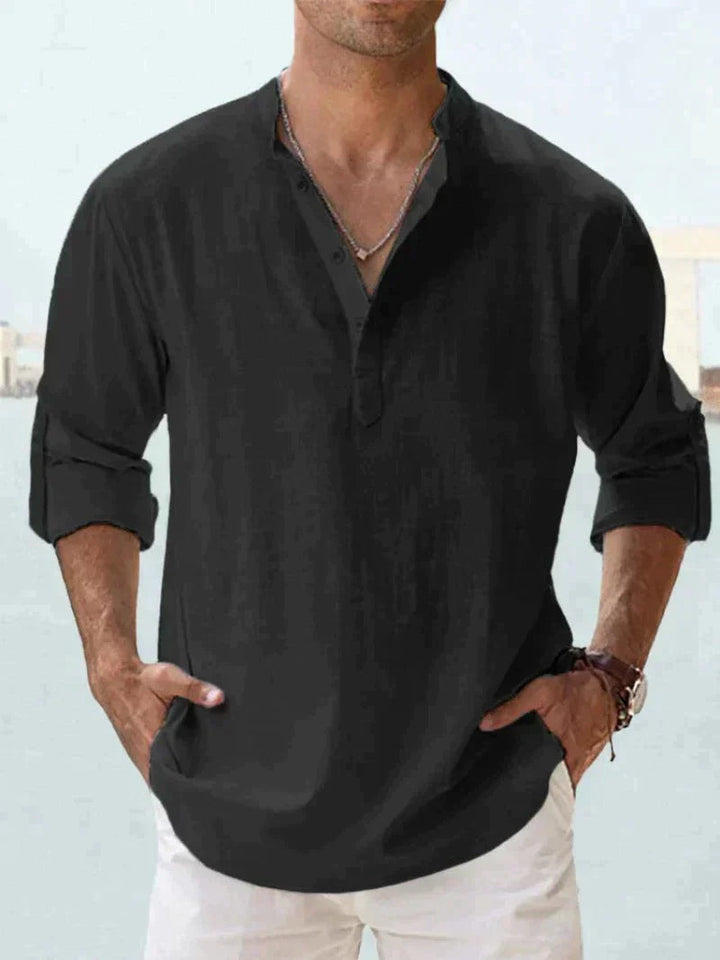 Black men's linen long sleeve shirt with V neck opening and laid-back summer style