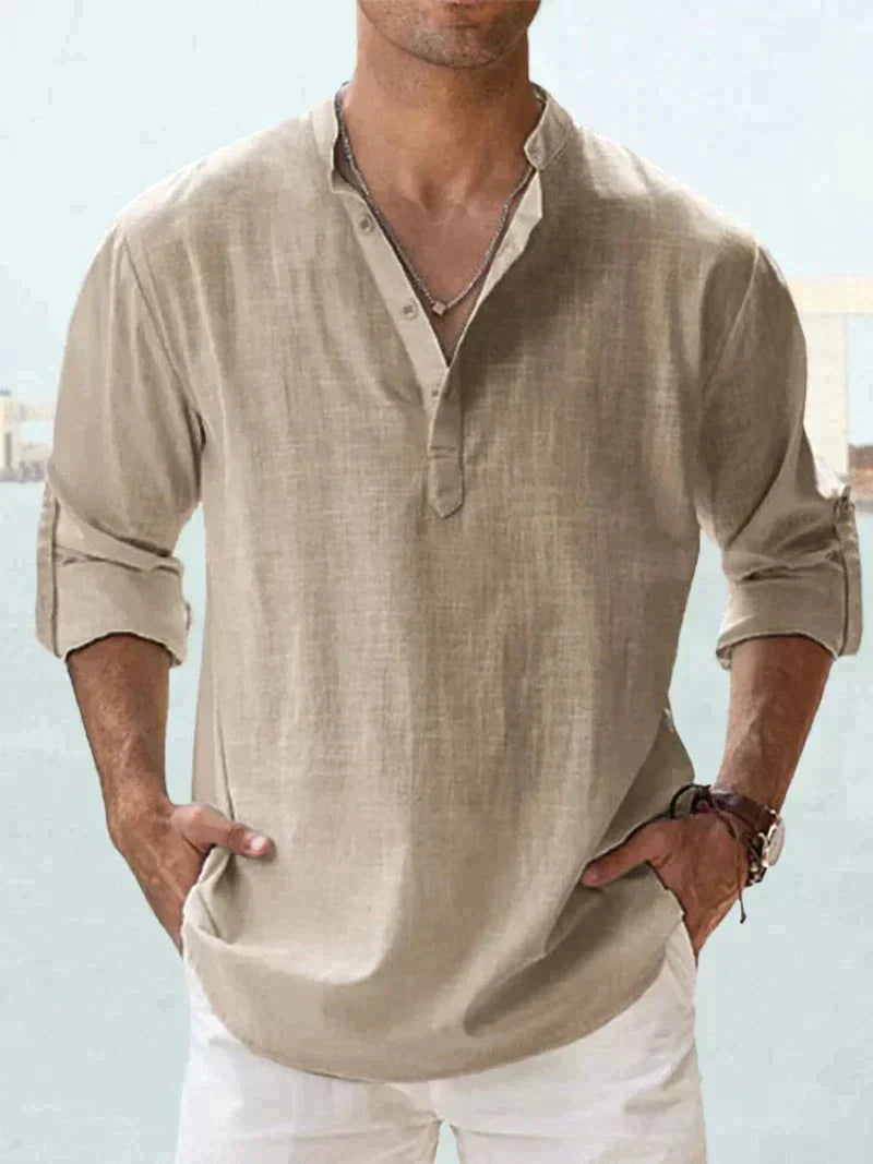 Tan men's summer linen V neck shirt with rolled sleeves and lightweight casual design