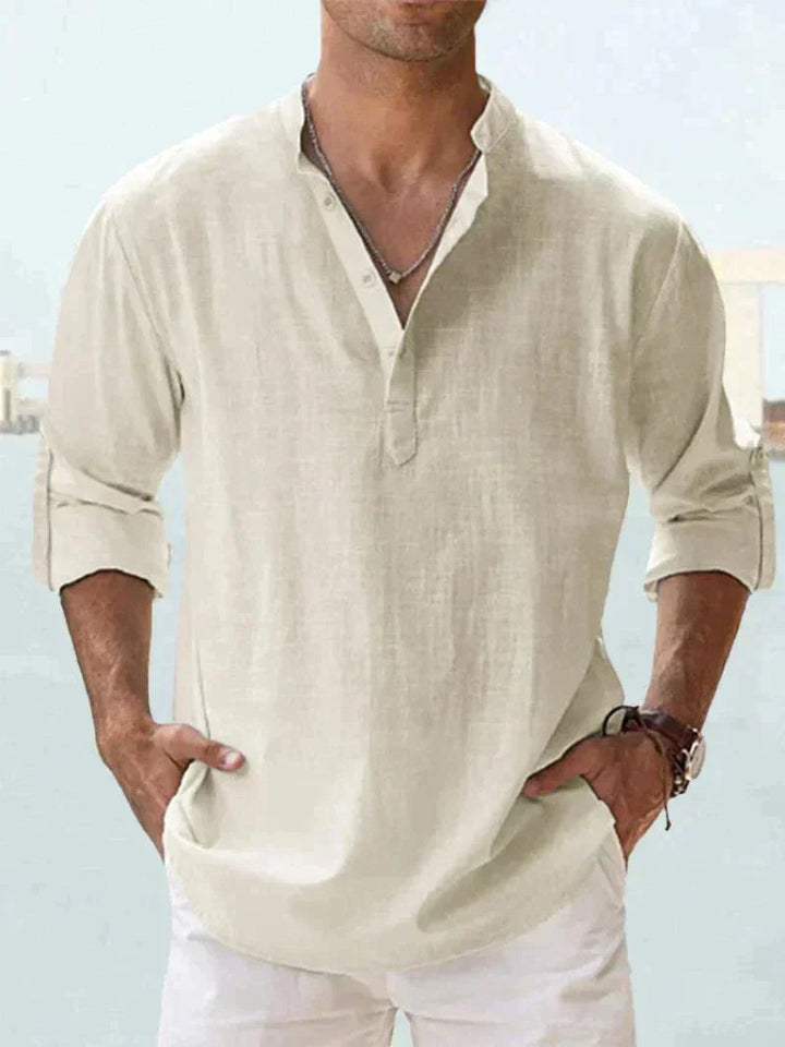 Cream men's linen V neck long sleeve shirt with rolled cuffs and breathable beachwear look