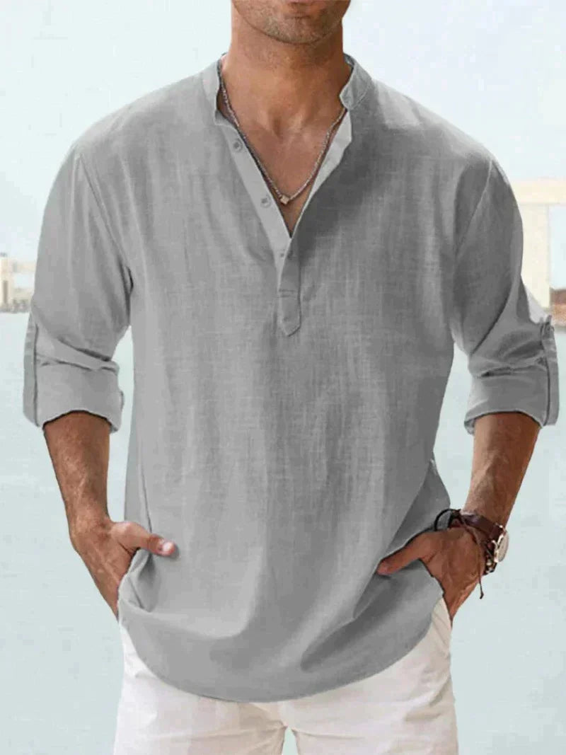 Gray men's summer linen shirt with V neck, long sleeves, and relaxed casual silhouette