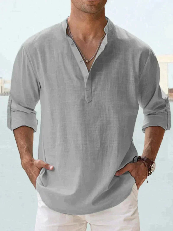 Gray men's summer linen shirt with V neck, long sleeves, and relaxed casual silhouette