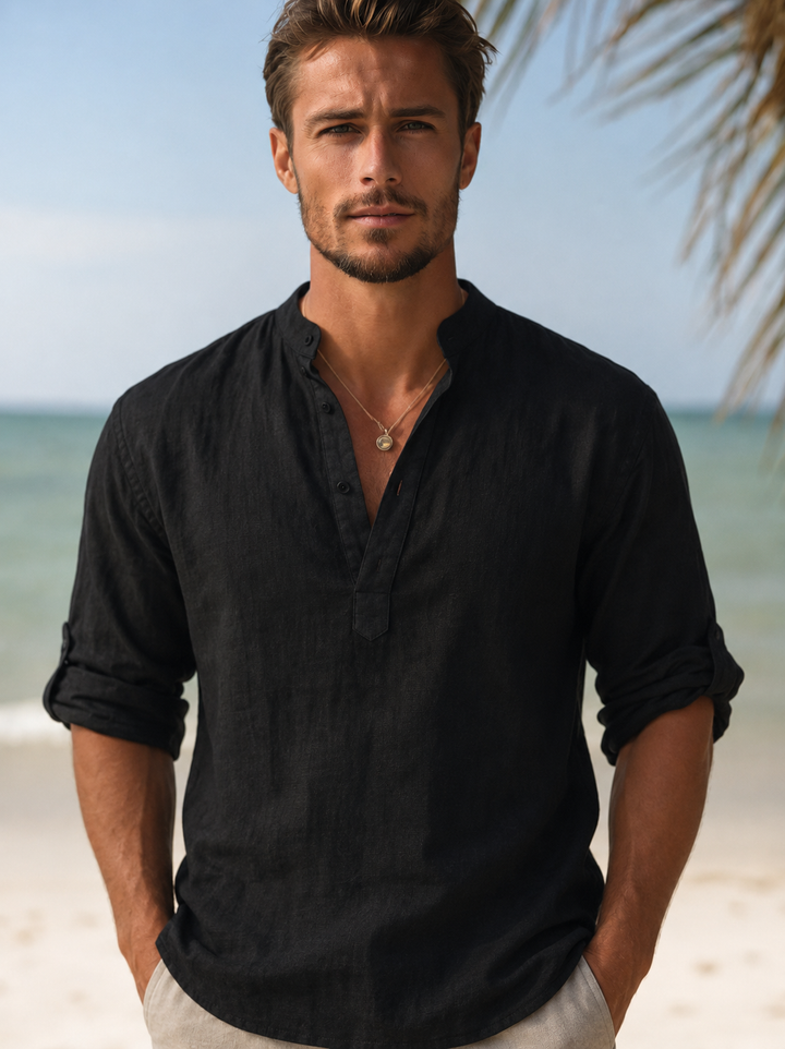 Black men's summer linen V neck long sleeve shirt with rolled sleeves and relaxed fit