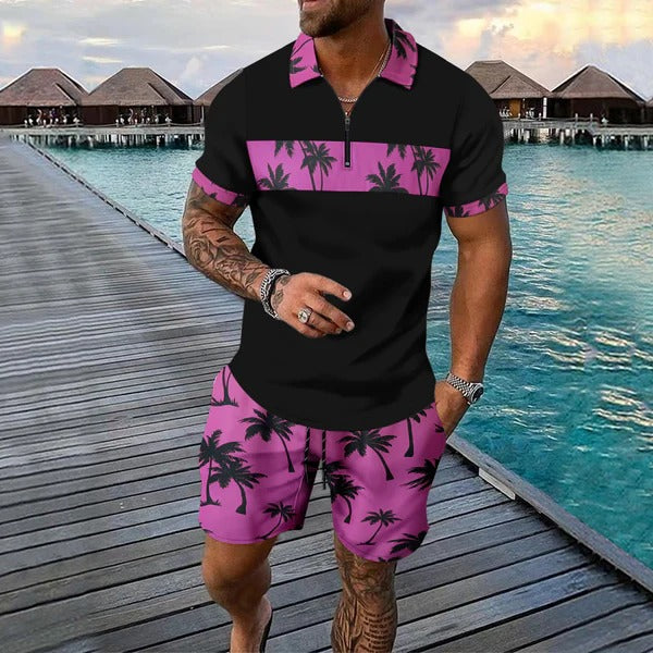 Black and magenta palm print short set with zip neck shirt and matching shorts