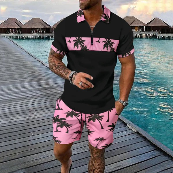Black and pink palm print zip neck short set with matching shorts for men