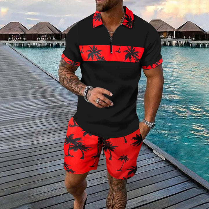 Black men's summer shirt and shorts set with bright red palm print accents