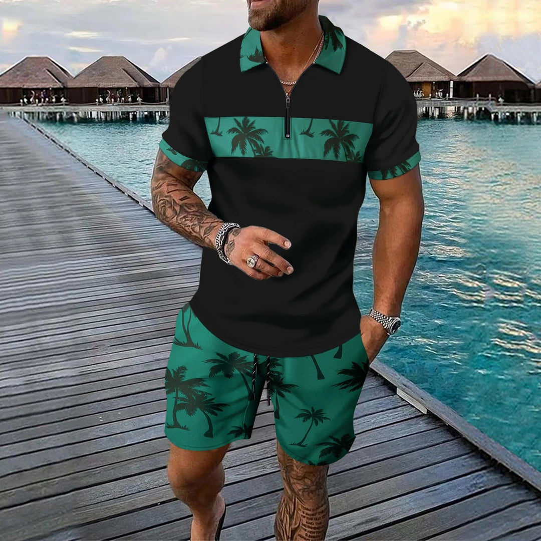 Black and teal palm print zip neck short set with tropical shorts and collar trim