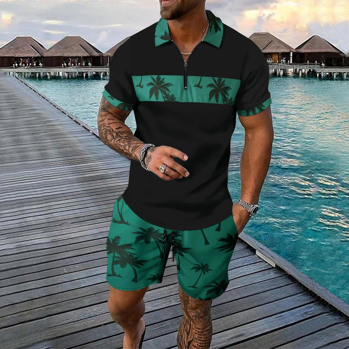 Black and teal palm print zip neck short set with tropical shorts and collar trim