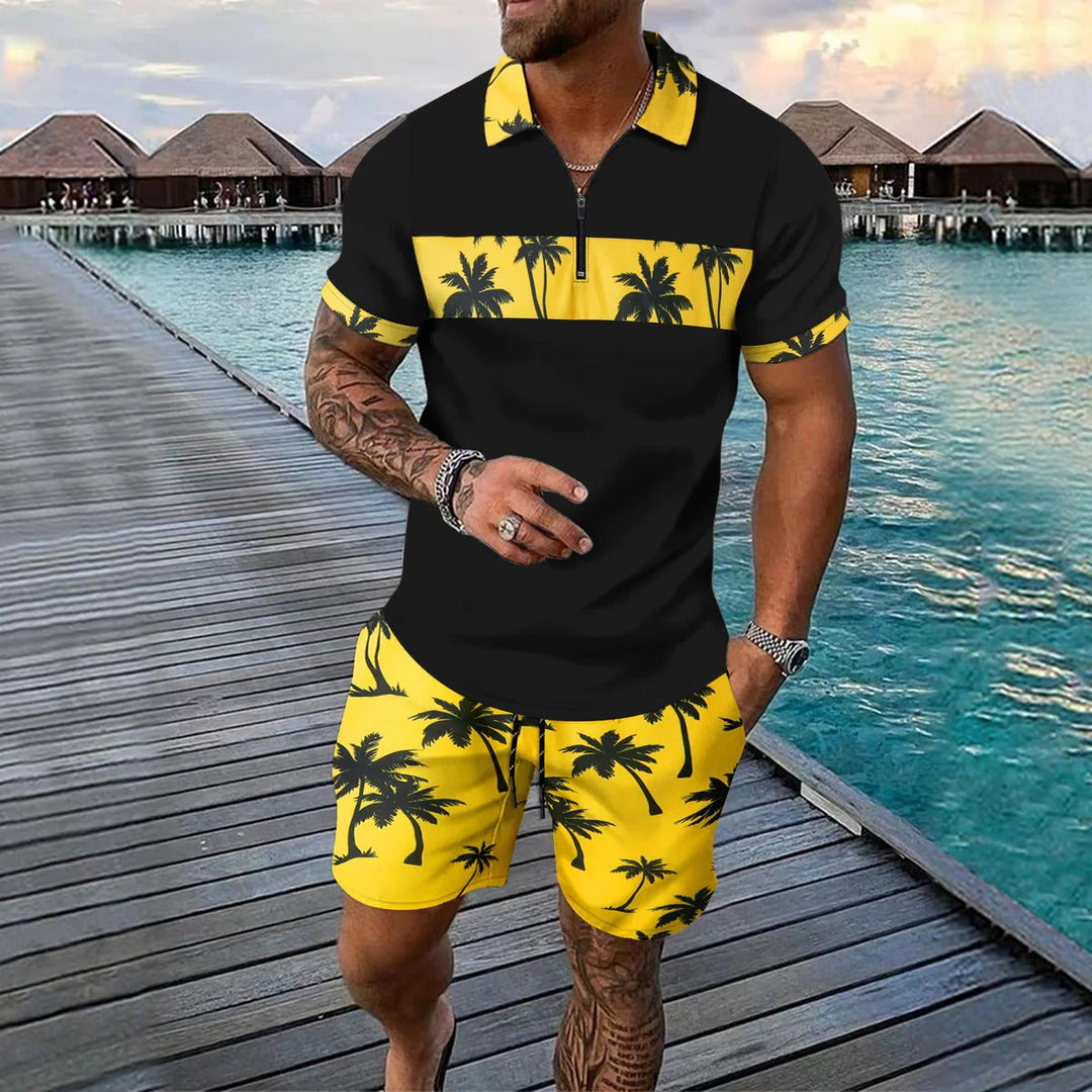 Black men's short set with yellow palm print collar, stripe, and matching beach shorts