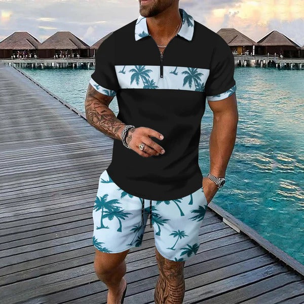 Black and light blue palm print summer short set with zip neck shirt and shorts