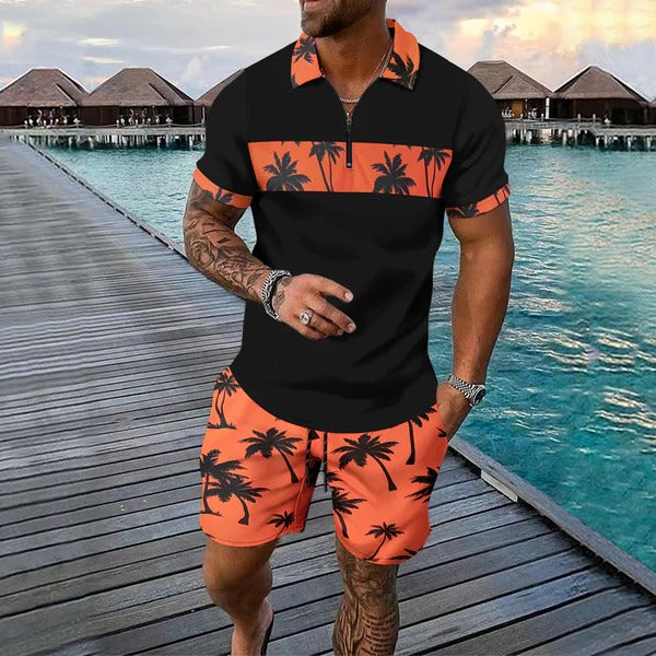 Black men's tropical short set with orange palm print trim and matching shorts