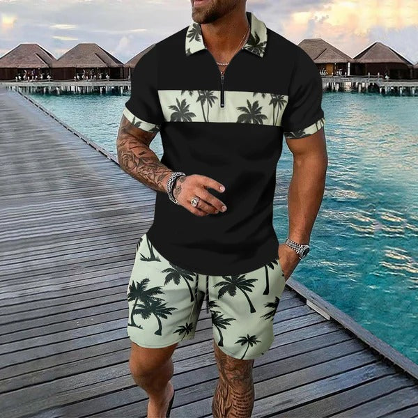 Black and sage palm print zip neck short set with matching men's summer shorts