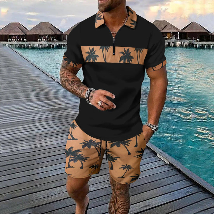 Black men's summer short set with tan palm print collar, chest band, and shorts