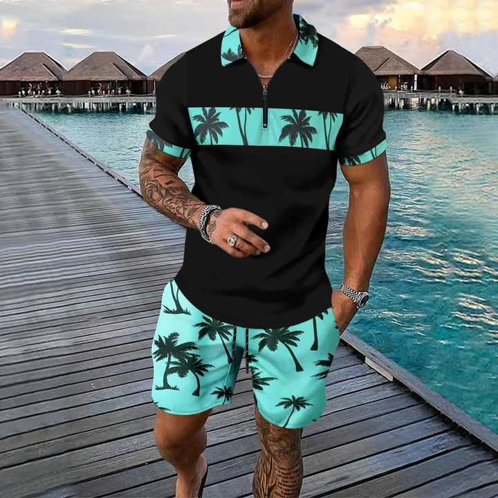 Black men's summer short set with aqua palm print collar, chest stripe, and matching shorts